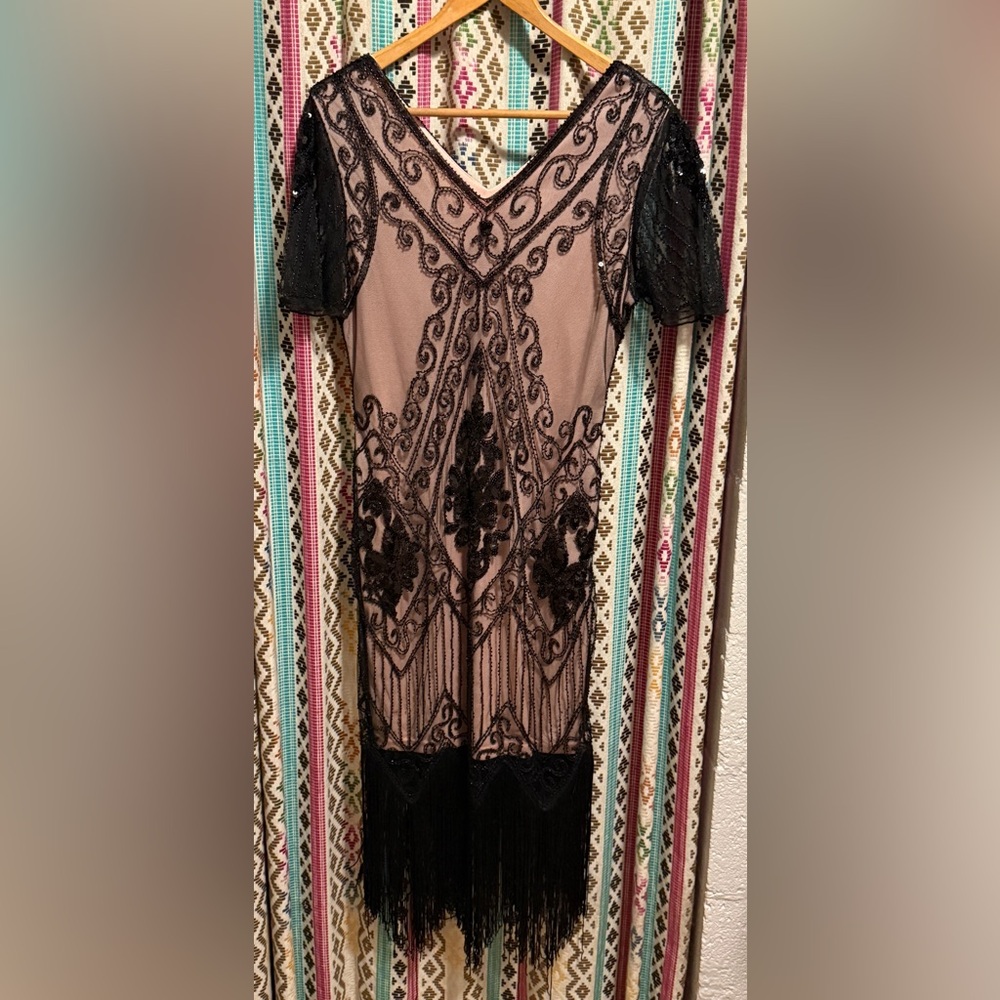 Chic Black and Beige Embroidered Midi Dress